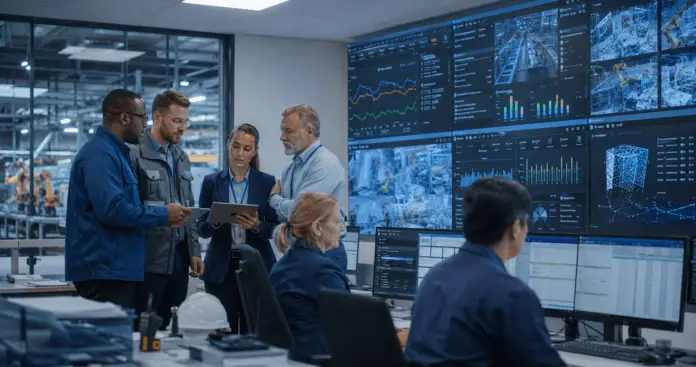 diverse manufacturing operations team reviewing edge AI dashboards, live camera feeds, predictive maintenance alerts, and security edge data lake timelines in a realistic industrial control environment