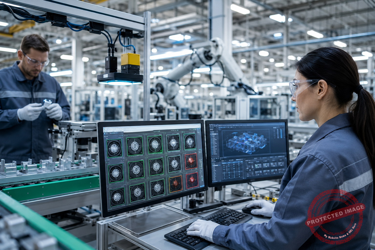 modern production line with engineers, edge AI cameras, robotic assembly, and defect-detection monitors, with no visible logos.
