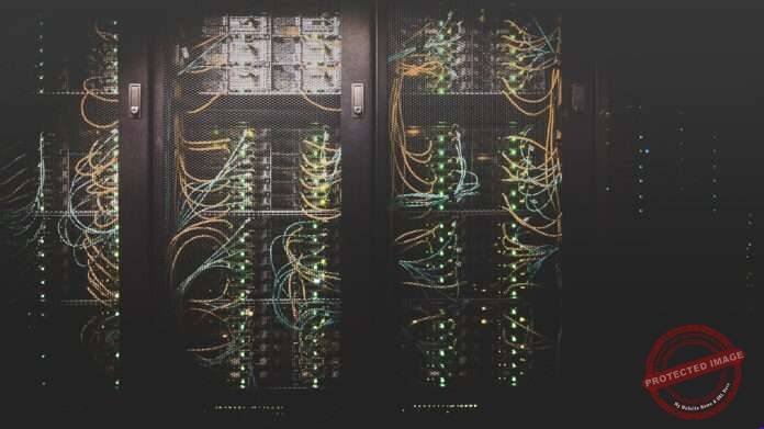 Rows of networked servers in a modern AI data center