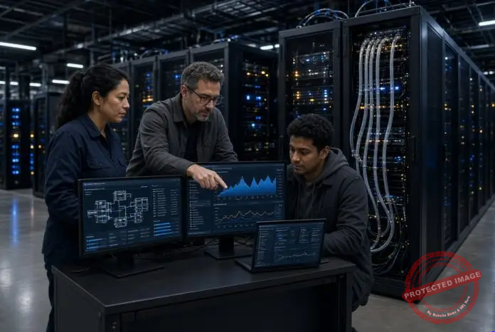 Engineers working with AI compute systems beside liquid-cooled server racks