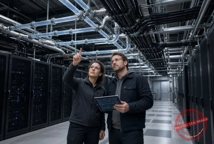 Engineers inspecting overhead liquid cooling pipes and power busways inside a high-density data center